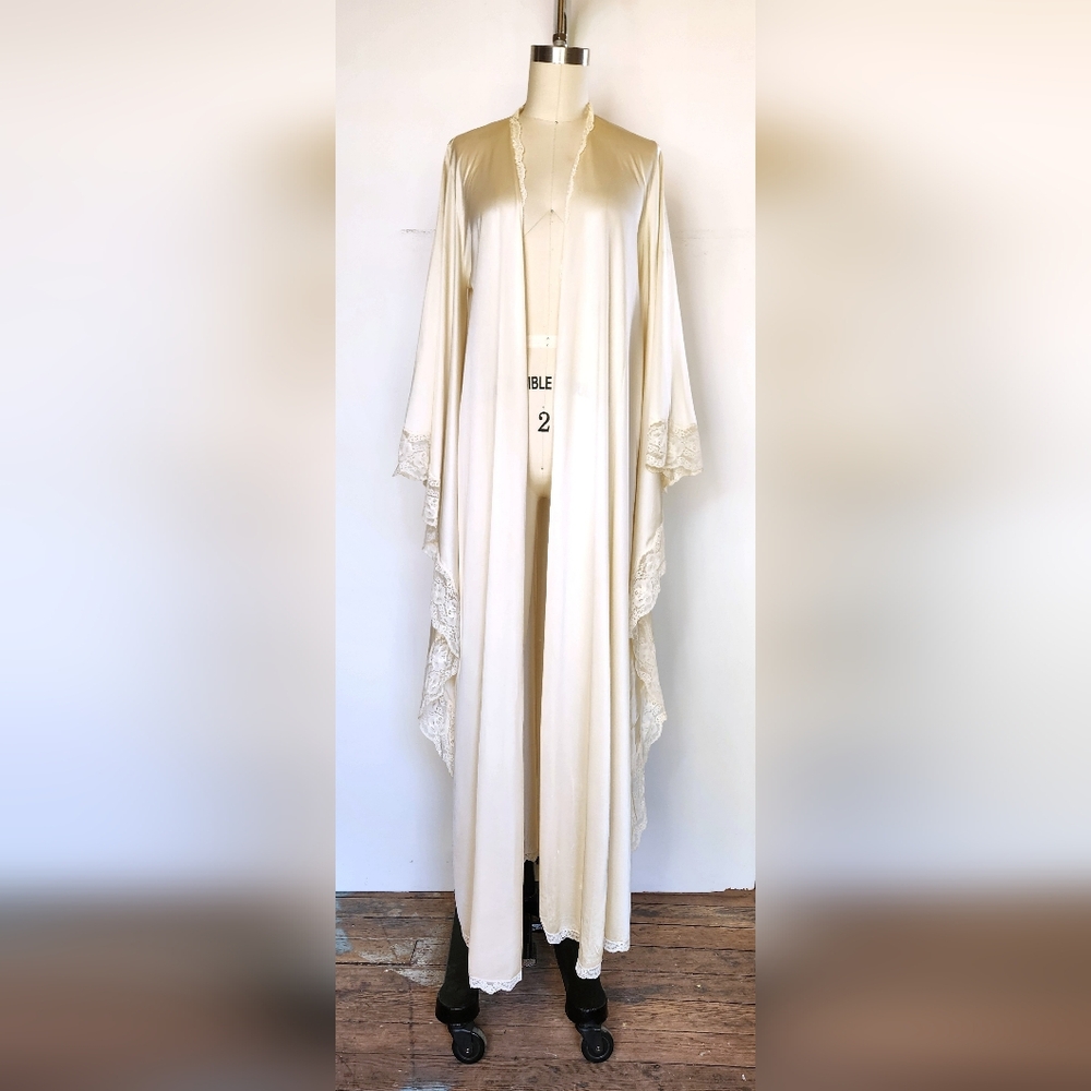 Vintage Very Long Sleeves Robe Bed Jacket Kimono with Lace Trim Duster XS S - Picture 9 of 10